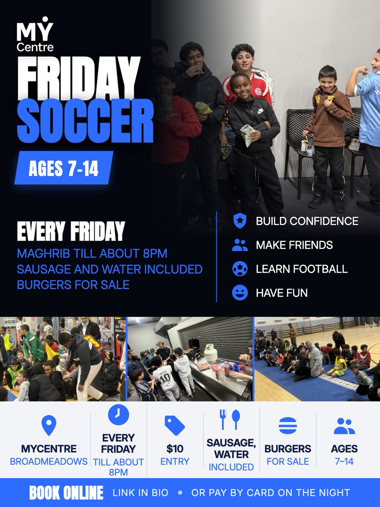 Friday night soccer, boys 7 to 14. event poster